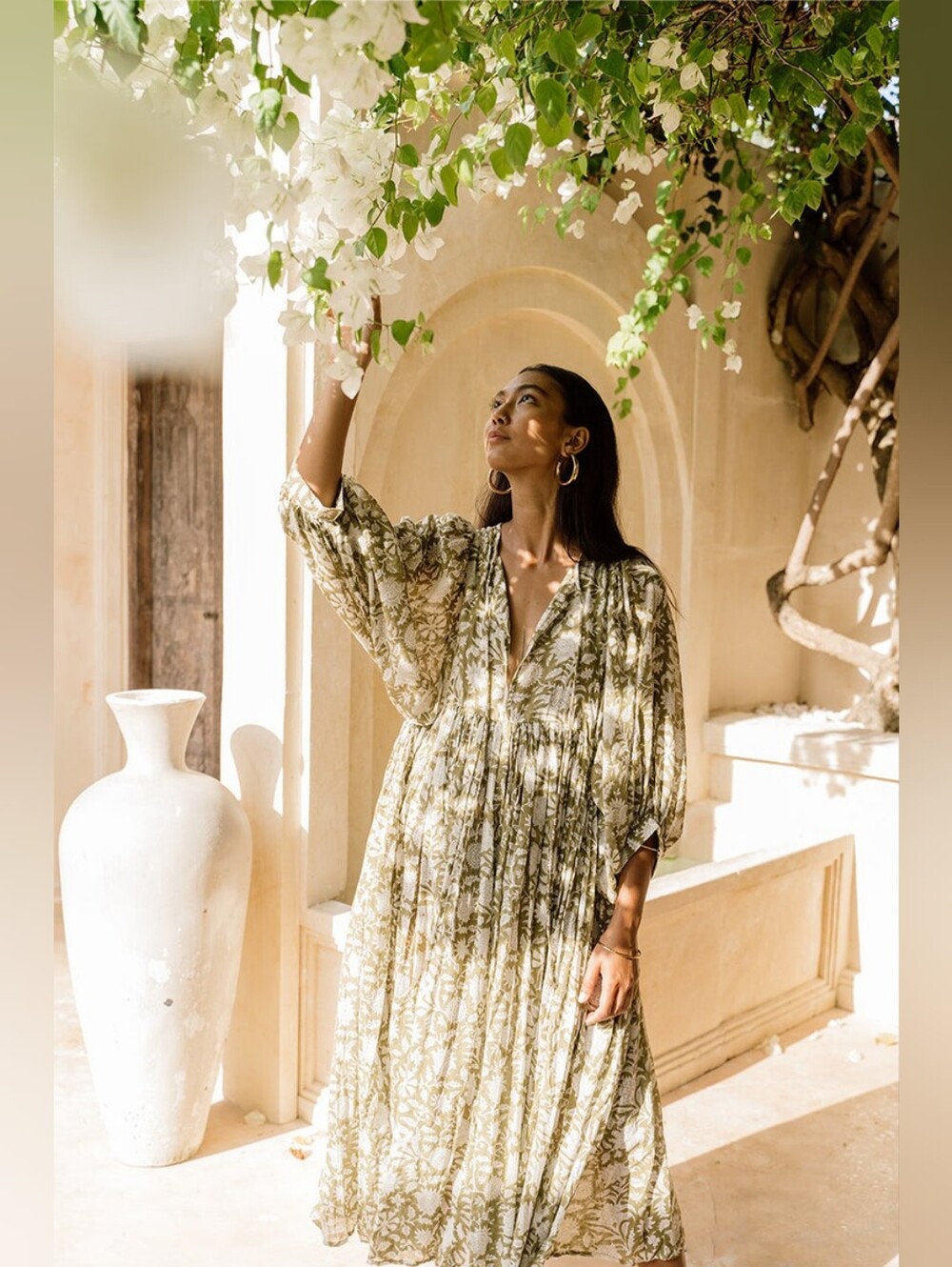 nwt daughters of india kaira dress in olive floral, medium bohemian midi